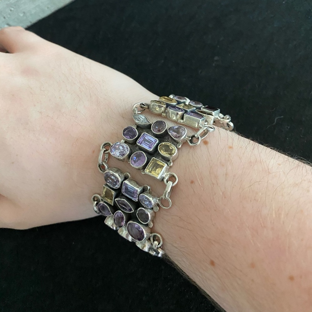 Vintage Amethyst, Garnet, and Silver Bracelet